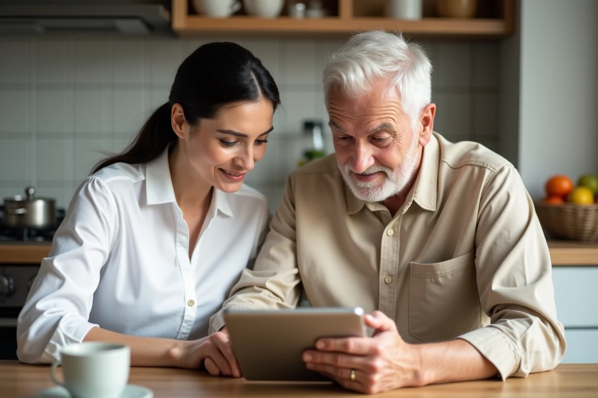 Une femme aidant un homme âgé à utiliser une tablette numérique à domicile, représentant l'accompagnement quotidien dans le cadre d'une curatelle renforcée ou d'une tutelle avec un outil de gestion comme Proxima.