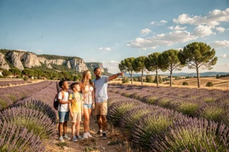 Une famille joyeuse explorant les paysages de Provence-Alpes-Côte d'Azur, illustration de notre top 10 des activités pour enfants dans la région