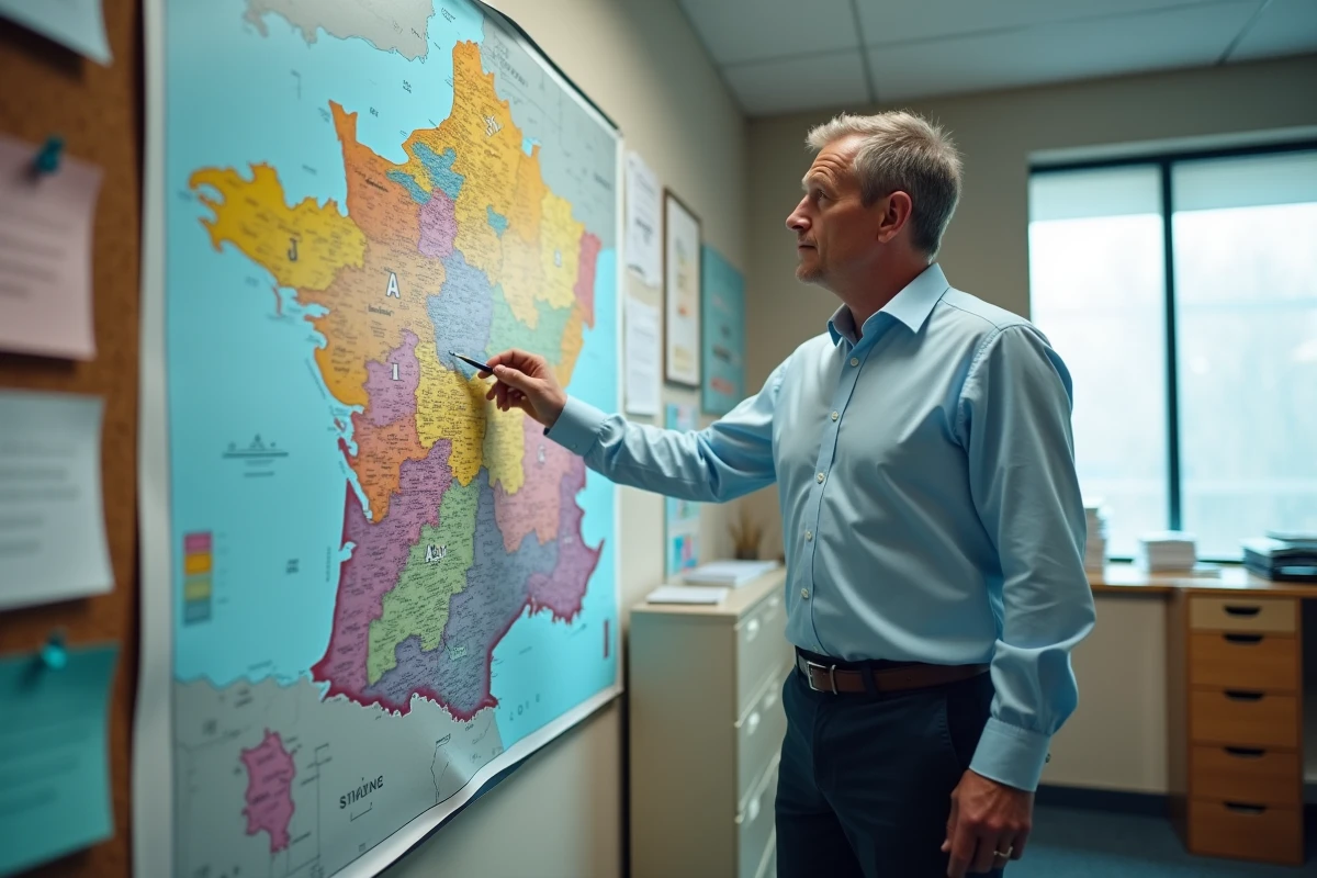Administrateur scolaire pointant une carte officielle des zones scolaires françaises affichée au mur d'un bureau