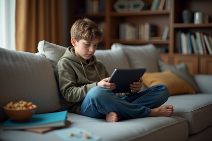 Jeune garçon seul sur un canapé avec tablette et livres