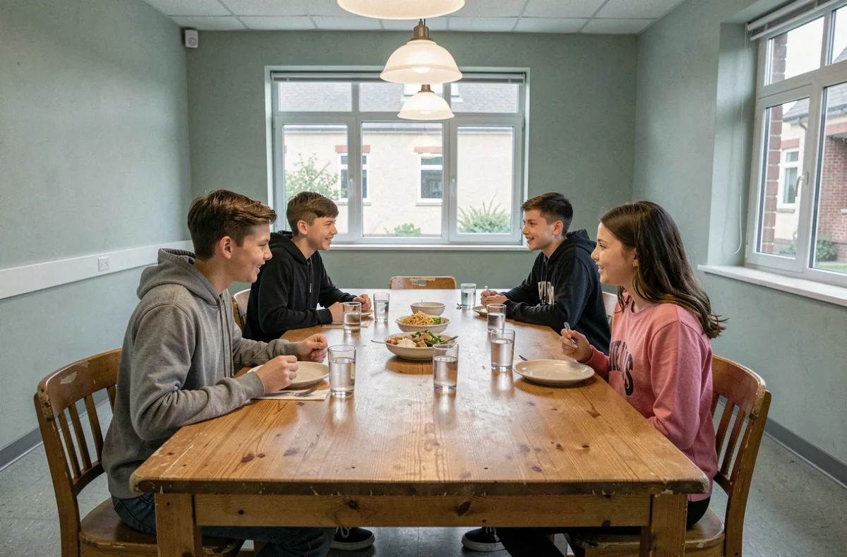 Adolescents partageant un repas dans la salle commune d'une MECS, maison d'enfants à caractère social