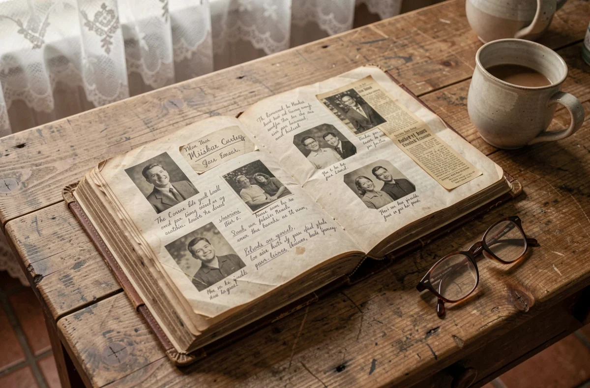 Album de famille ancien ouvert avec portraits en noir et blanc et coupures de journaux jaunis sur une table en bois rustique