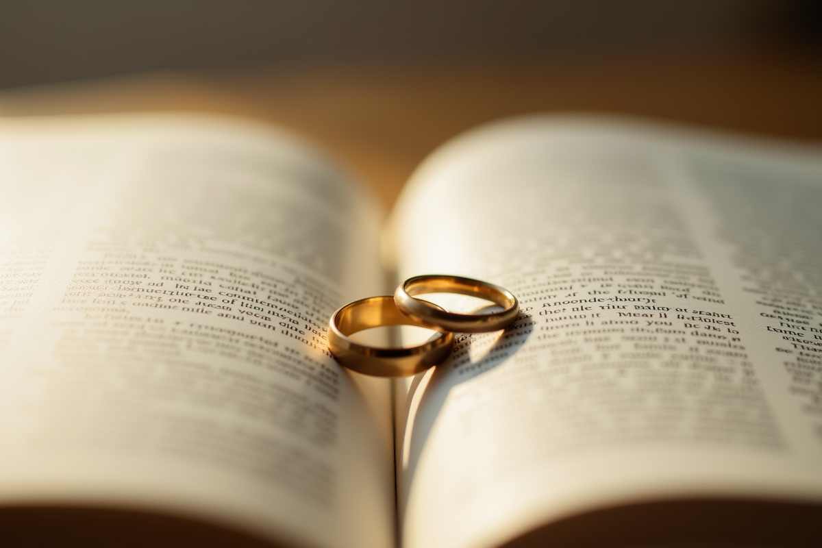 Alliances de mariage sur un livre ouvert en lumière naturelle