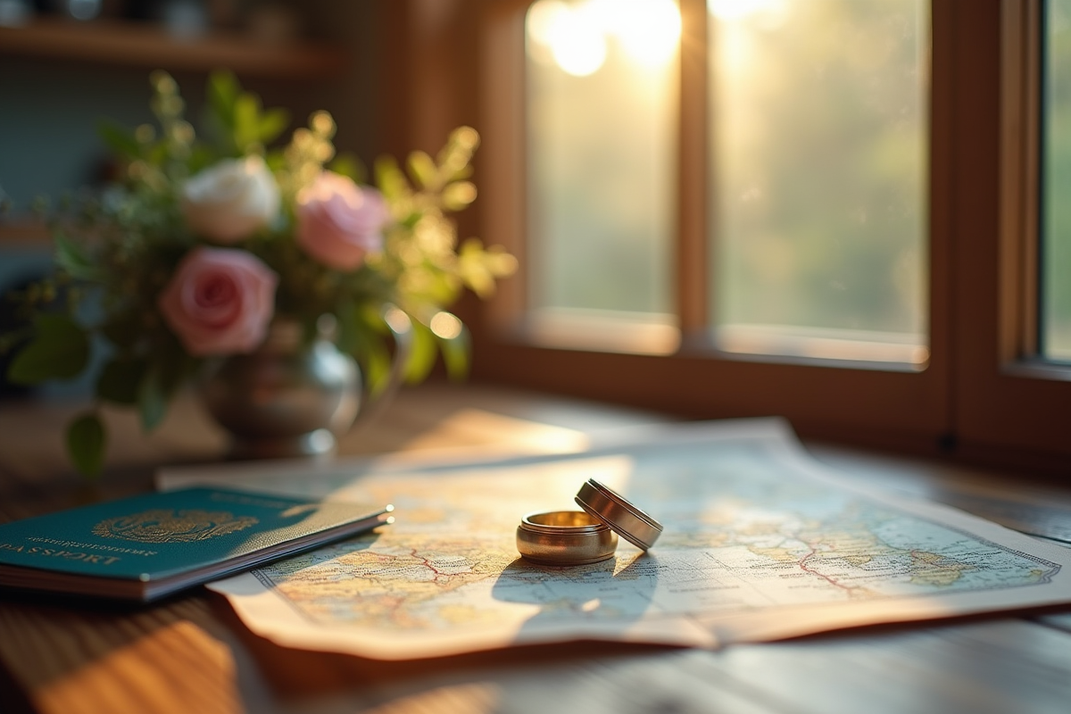 Alliances sur table en bois avec passeports et fleurs pour voyage