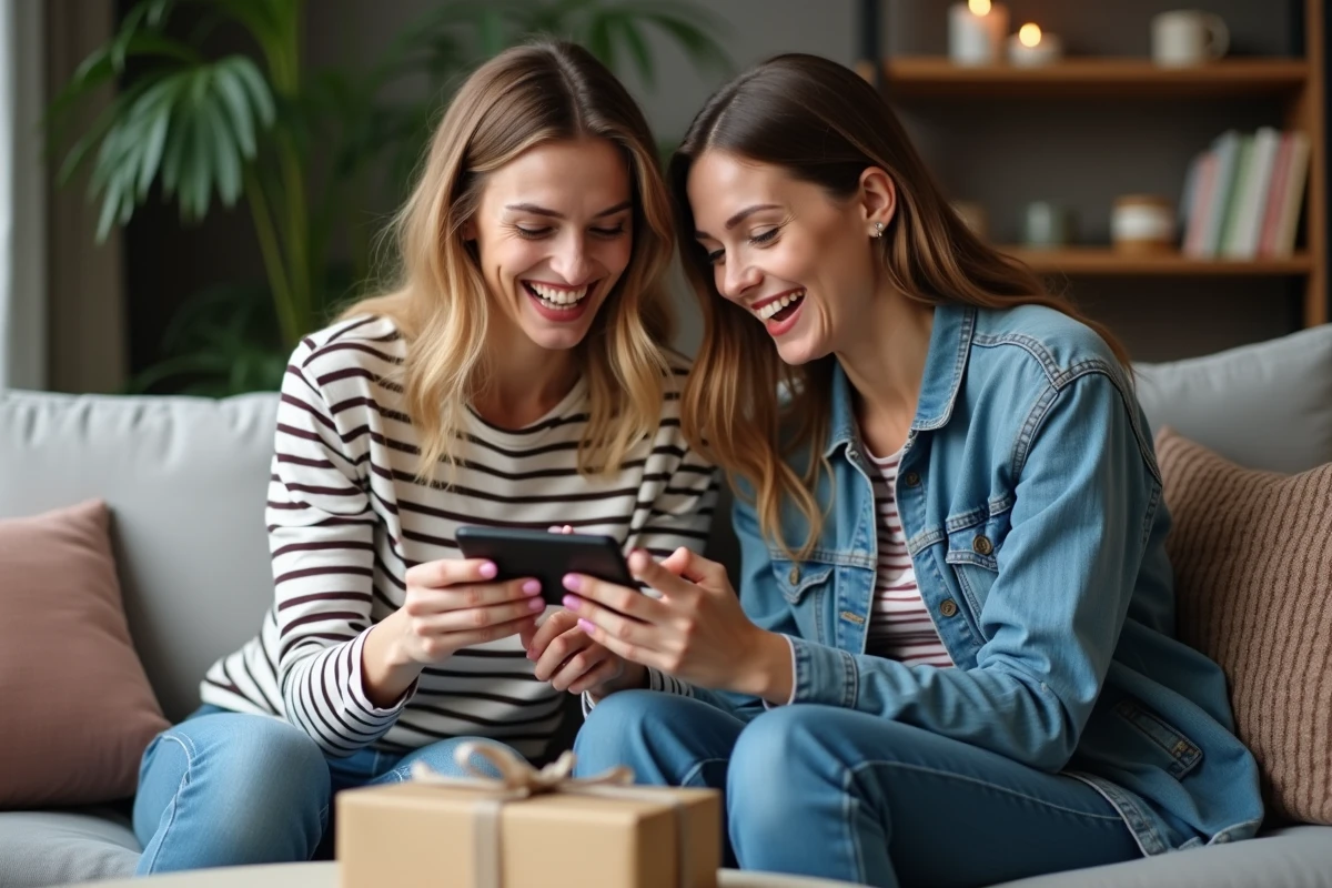 Deux amies riant ensemble en lisant des idées de textes d'anniversaire personnalisés sur un smartphone dans un salon convivial