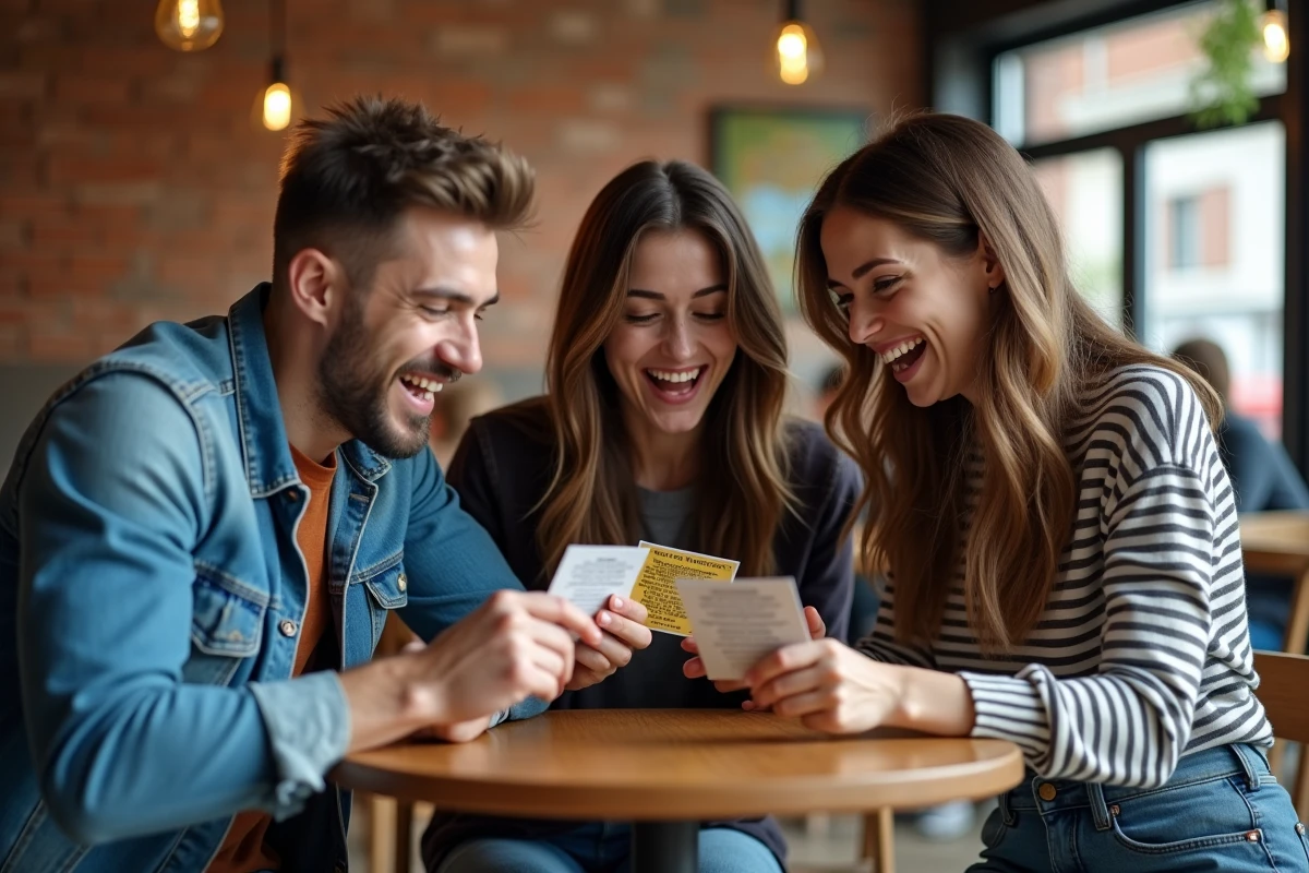 Groupe d'amis découvrant des messages sur des cartes à gratter personnalisées pour un anniversaire dans un café