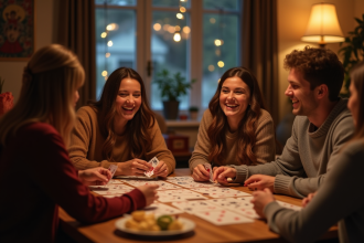 Groupe d'amis riant autour d'une table de jeux de société