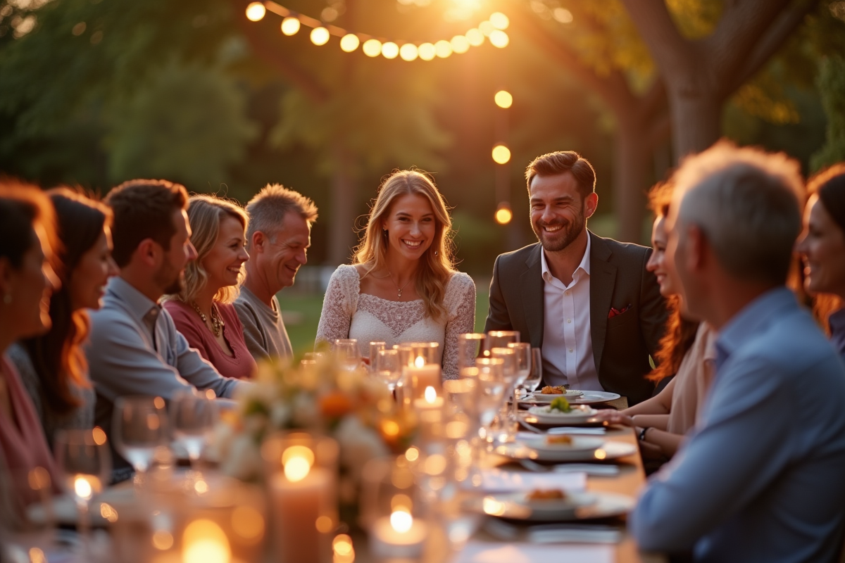 Couple souriant lors d un dîner extérieur pour anniversaire
