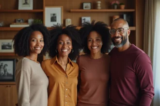 Portrait de famille multigénérationnelle afro-américaine réunie dans un salon chaleureux orné de photos d'ancêtres, illustrant les liens familiaux et l'arbre généalogique de Tina Turner