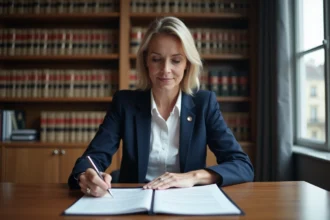Associée de SARL étudiant un document juridique lié à l'article 1832-2 du Code civil dans un cabinet d'avocats parisien