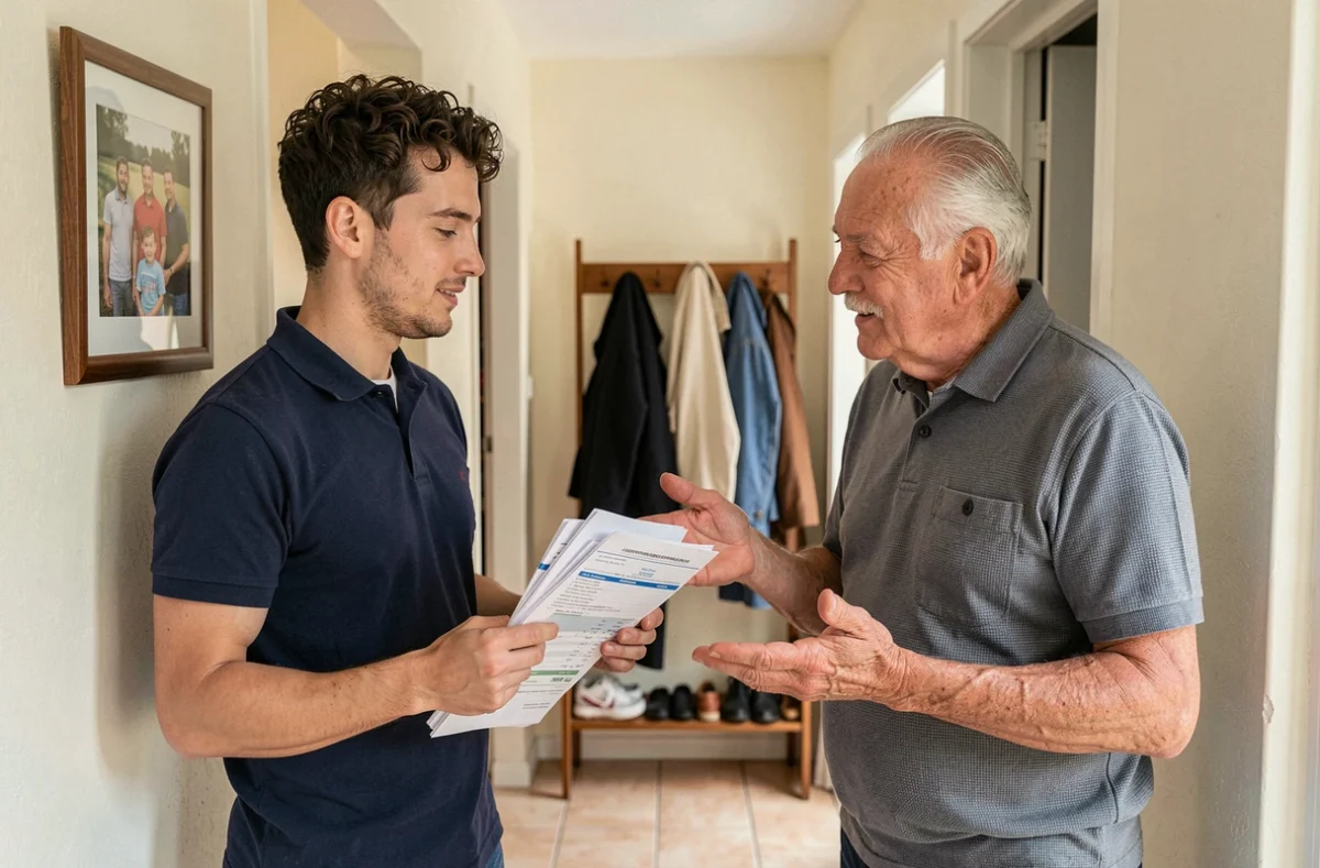 Fils adulte et son père dans le couloir familial tenant des documents administratifs incluant une attestation d'hébergement pour carte d'identité