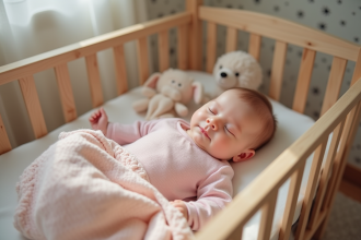 Bébé fille endormie dans un lit en bois avec ambiance naturelle