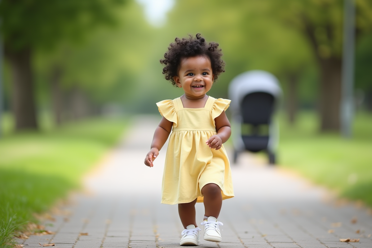 Fille de 15 mois souriante marche dans un parc