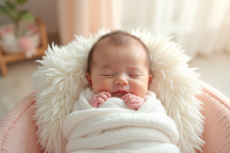 Bébé fille nouveau-née dans un berceau lumineux