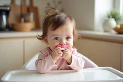 Bébé fille de 9 mois avec pacifier en cuisine moderne