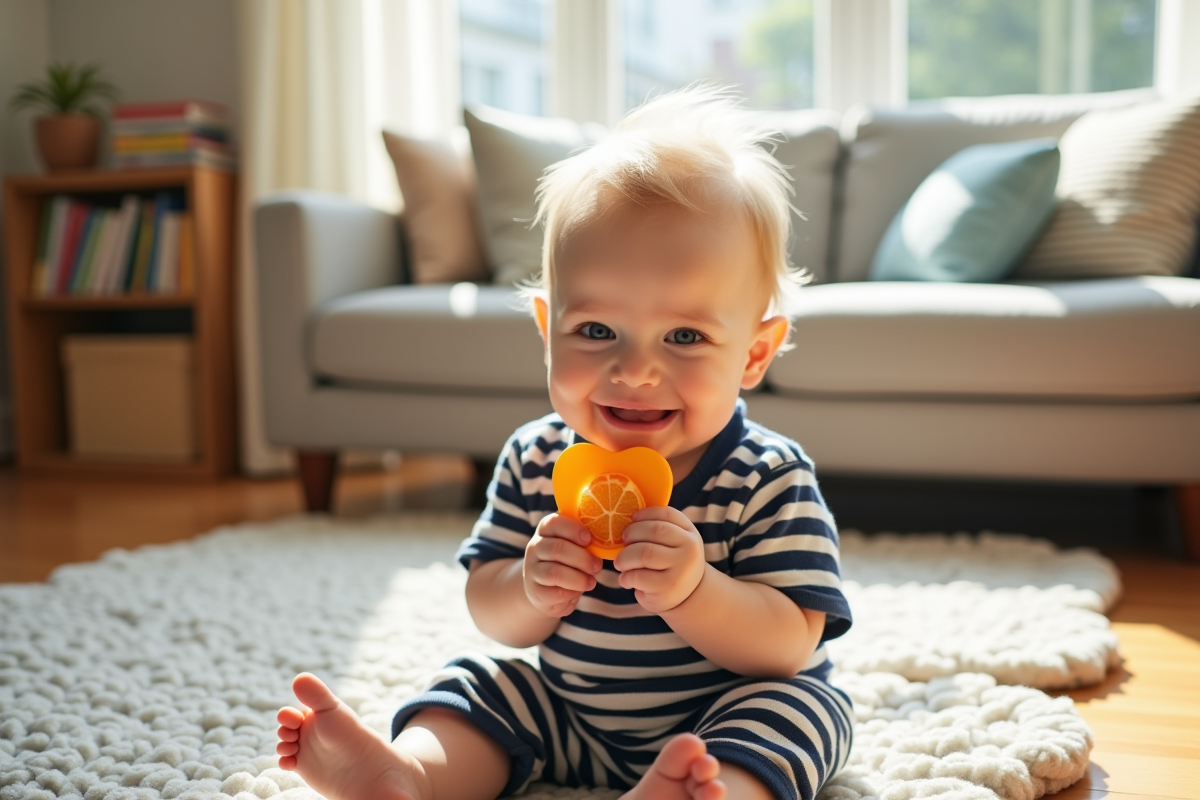 Bébé garçon de 10 mois avec pacifier en salon lumineux
