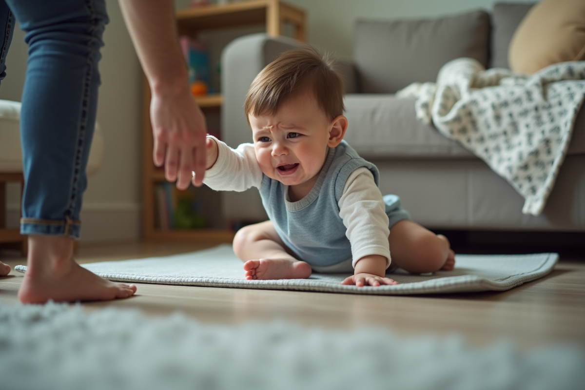 Bebe garçon de neuf mois regardant son père partir sur un tapis de jeu
