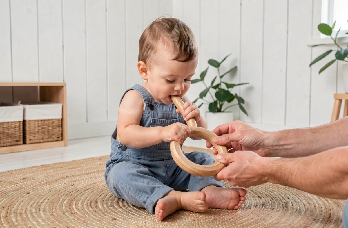 Bébé de 1 an avec un anneau en bois Montessori vérifié par un parent pour la sécurité