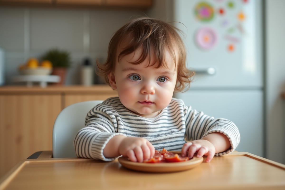 Bebe curieux mangeant du saucisson dans une cuisine lumineuse
