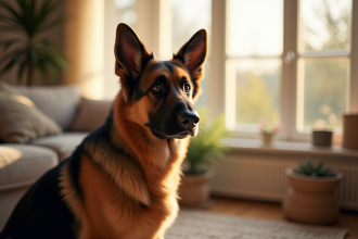Chien berger allemand assis attentivement dans un salon lumineux
