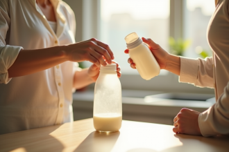Maman verse du lait dans un biberon sur un plan de travail lumineux