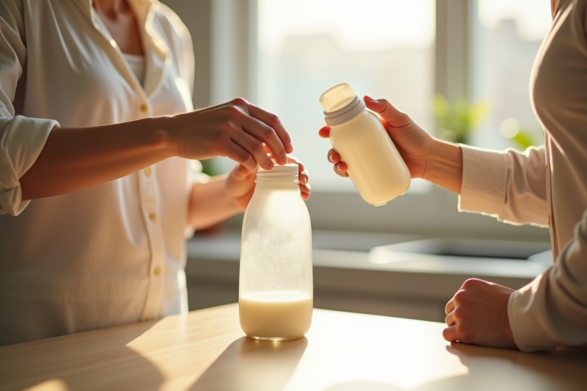 Maman verse du lait dans un biberon sur un plan de travail lumineux