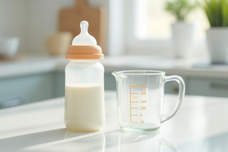 Biberon de lait en cours de remplissage avec tasse de mesure