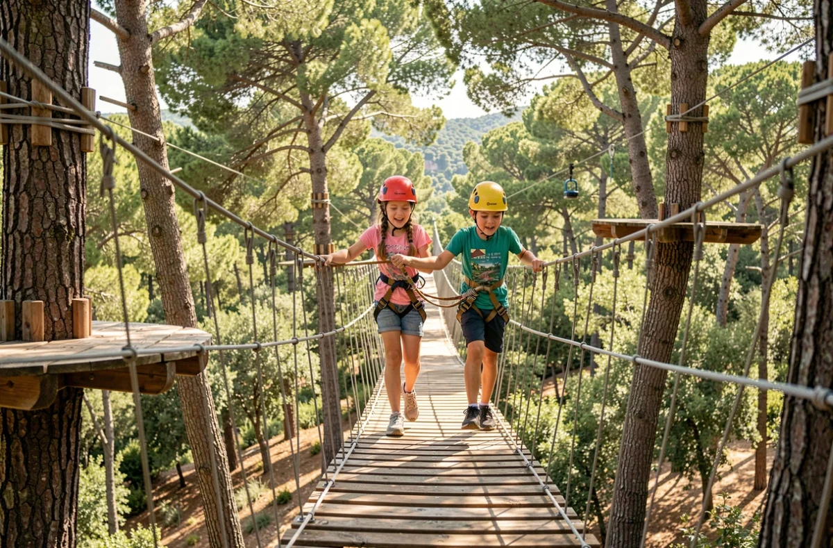 Deux enfants traversent un pont de cordes dans les arbres au Bois des Lutins de Villeneuve-Loubet