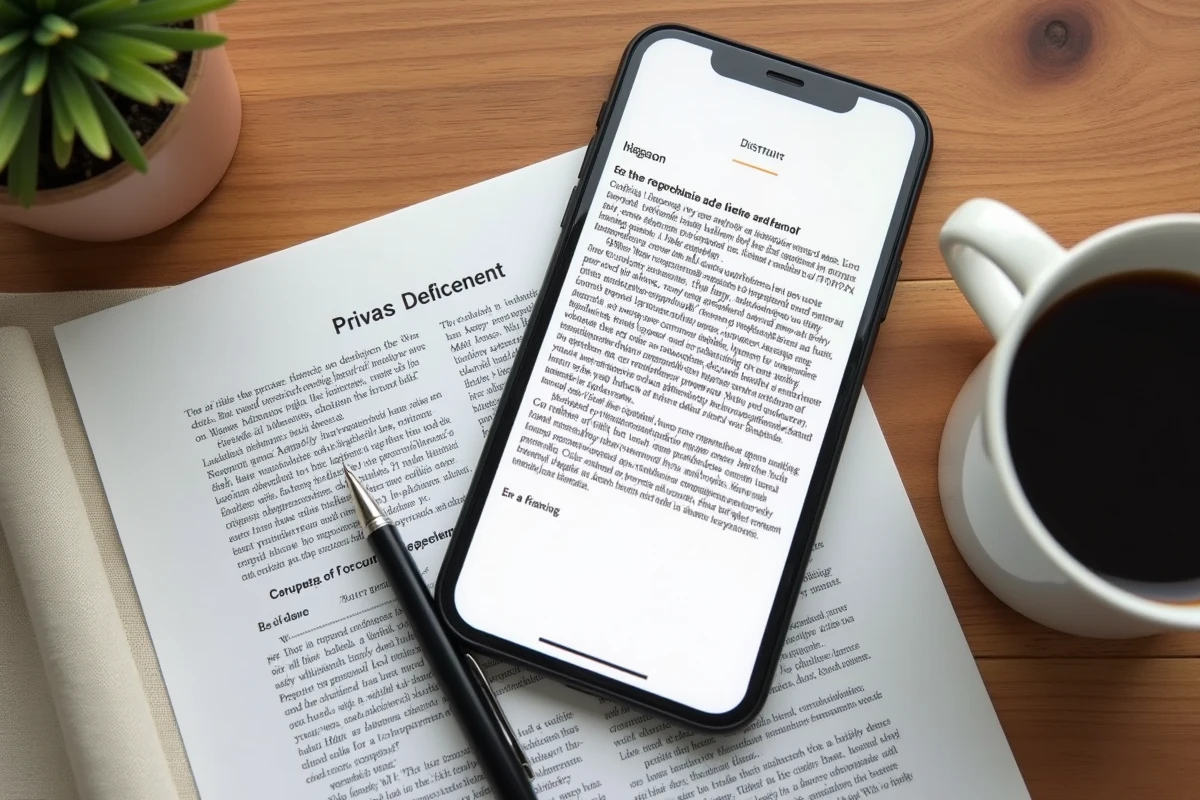 Vue de dessus d'un bureau avec smartphone affichant une notice de confidentialité et documents légaux annotés