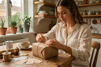 Jeune femme emballant un cadeau de naissance original dans du papier kraft avec des fleurs séchées sur une table en bois rustique