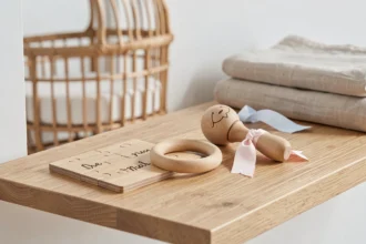 Cadeau de naissance personnalisé en bois gravé avec puzzle prénom et hochet en bois sur étagère de chambre bébé style scandinave