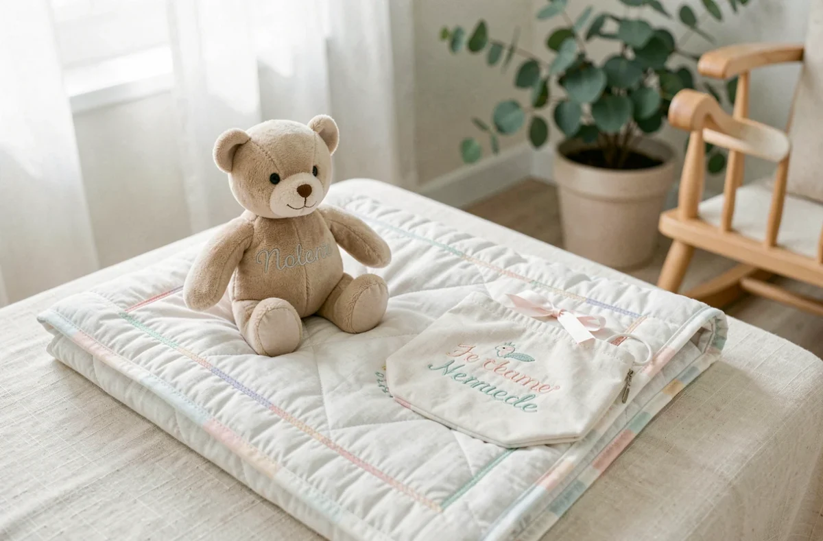 Cadeau naissance personnalisé en tissu avec peluche brodée prénom et couverture en coton sur surface lin crème