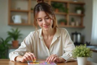 Femme grattant une carte à gratter personnalisée pour anniversaire à une table en bois, découvrant un message surprise