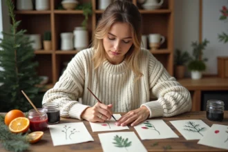 Femme peignant des cartes de Noël aquarelle faites main sur un bureau en bois rustique avec des motifs hivernaux