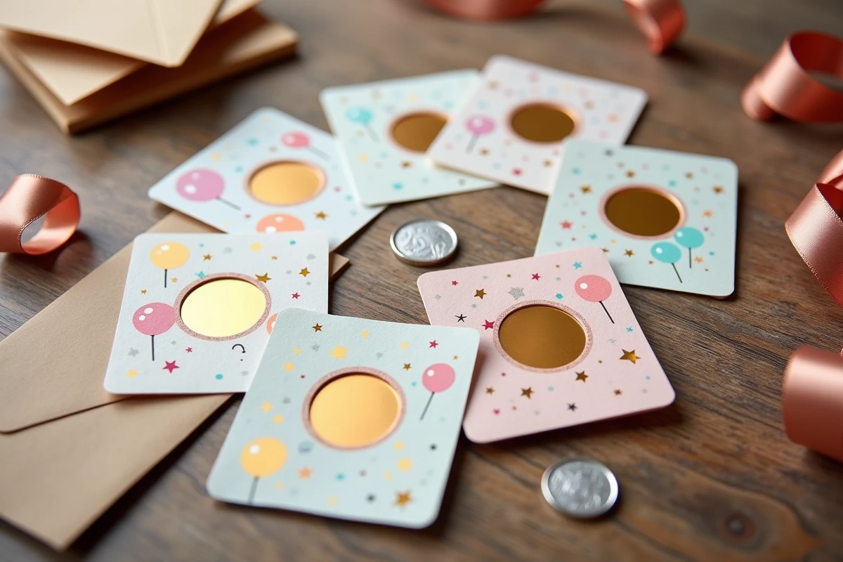 Ensemble de cartes à gratter personnalisées pour invitations d'anniversaire avec décors festifs et feuille dorée à gratter