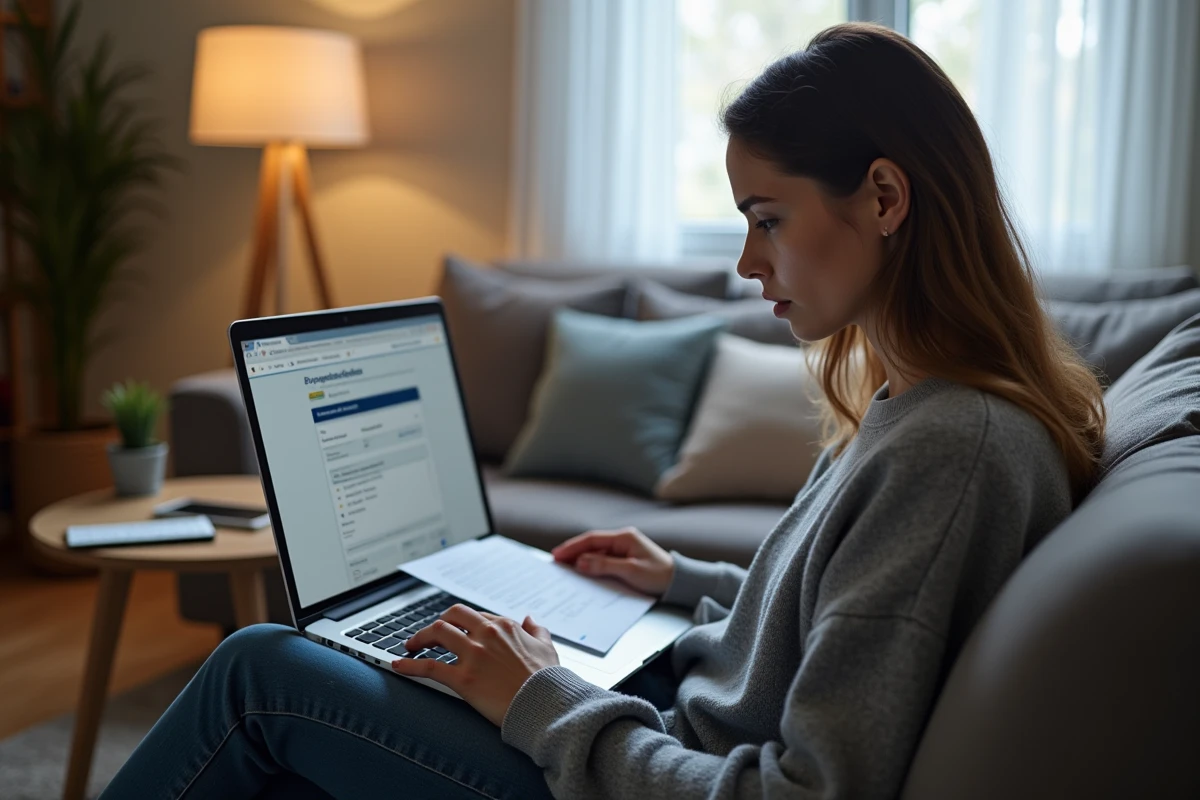 Jeune femme utilisant un ordinateur portable pour effectuer un changement de CAF en ligne depuis chez elle