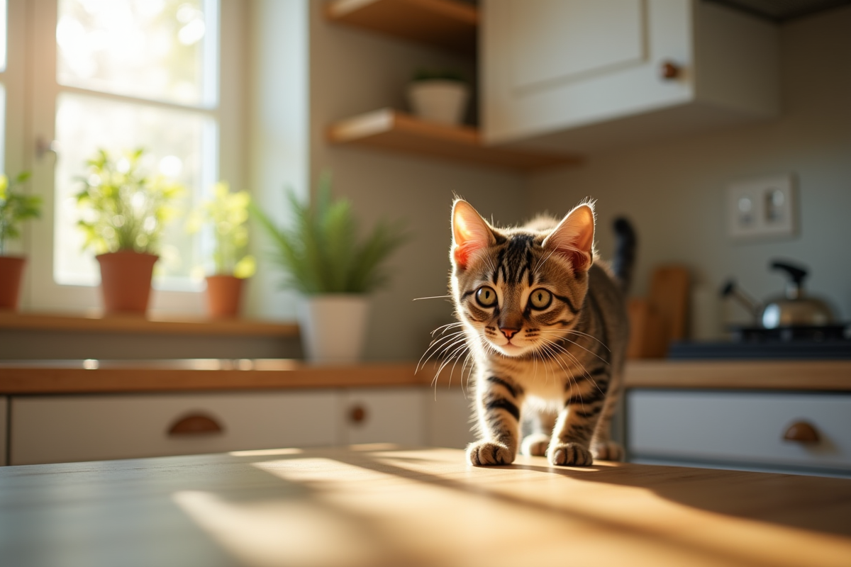 Chat tigré explorant une cuisine ensoleillée et sécurisée