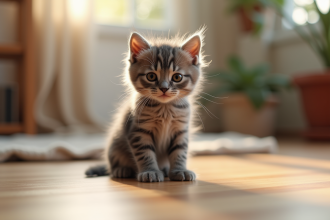 Chaton gris assis sur un sol en bois ensoleille