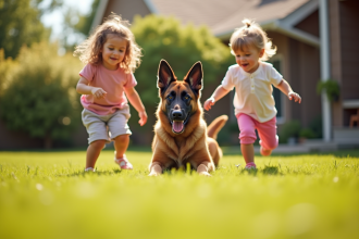 Chien berger belge jouant avec des enfants dans le jardin