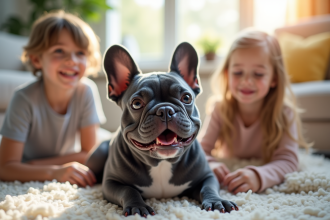 Buldog bleu jouant avec enfants dans un salon lumineux