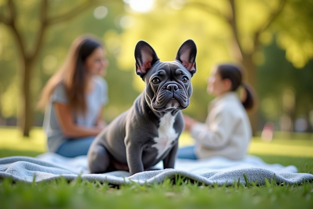 Buldog bleu assis dans un parc en famille en plein air