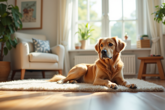 Golden retriever dans un salon lumineux et sécurisé