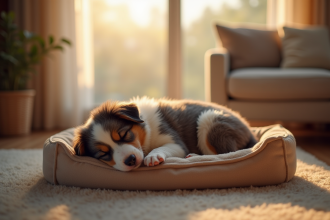 Chiot Australian Shepherd dormant paisiblement dans un lit douillet