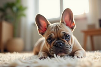 Chiot bulldog francais allonge sur un tapis lumineux