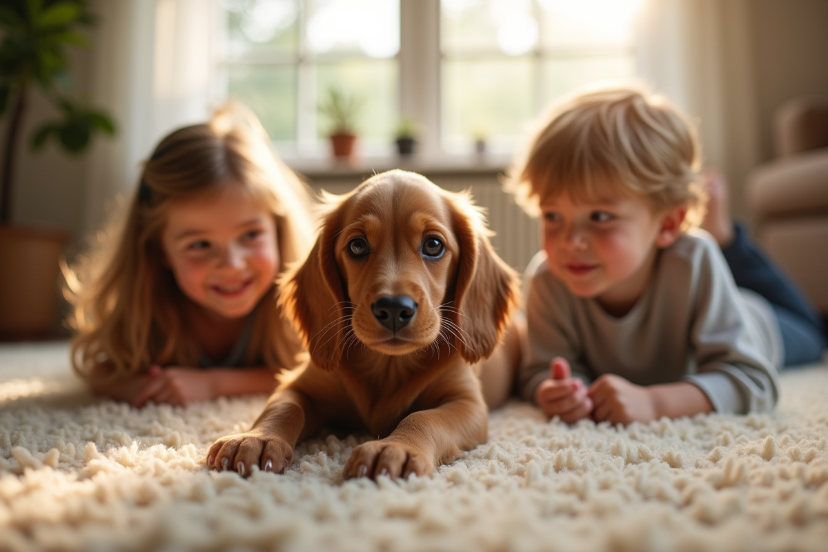 Chiot cocker avec deux enfants sur un tapis dans un salon chaleureux