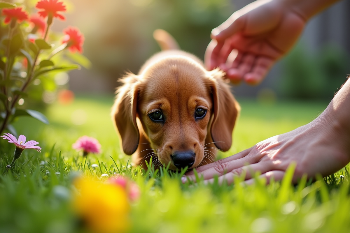 Chiot dachshund découvrant le jardin pour la première fois