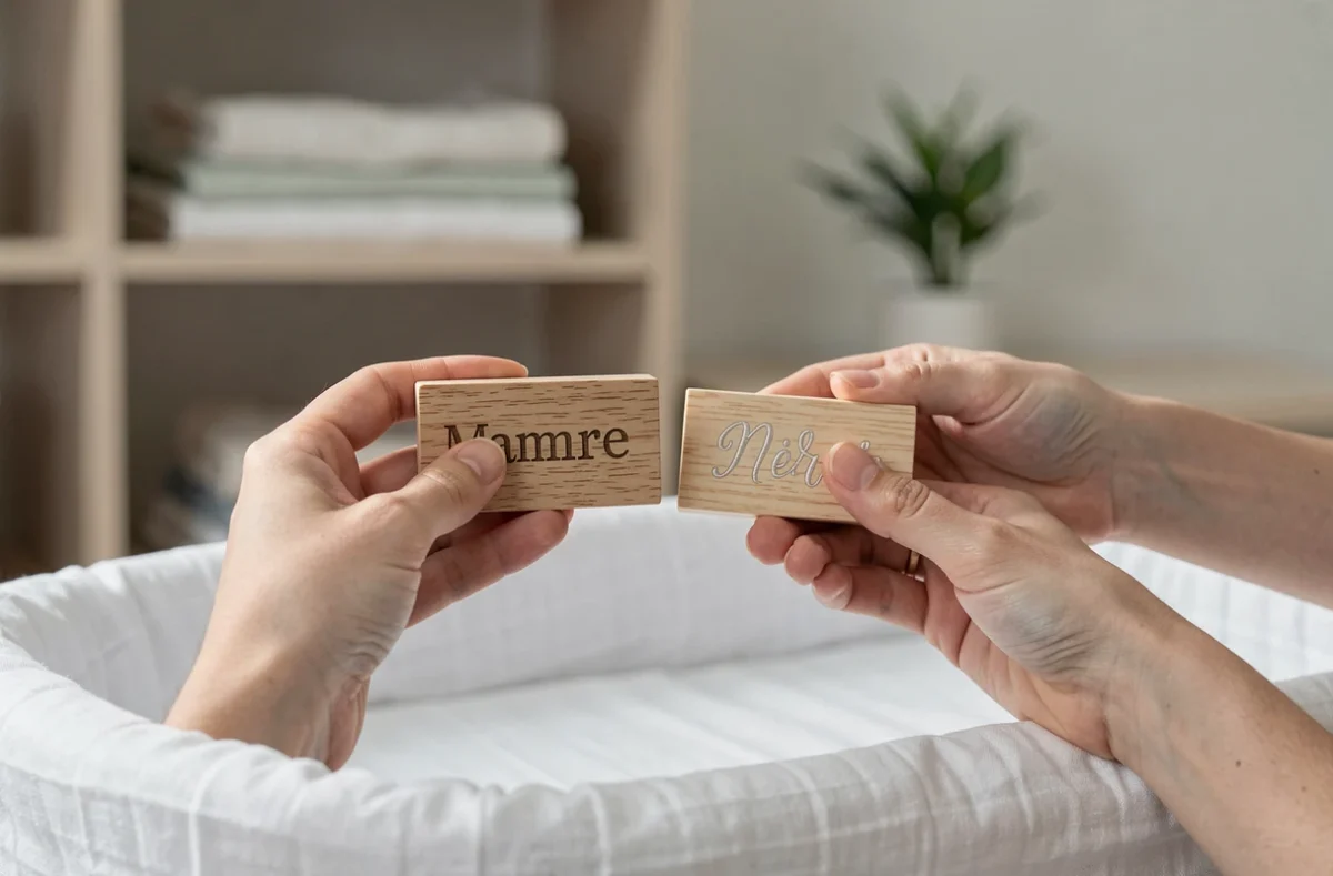 Comparaison cadeau naissance bois gravé et tissu brodé tenus dans les mains d'une mère au-dessus d'un tapis à langer blanc