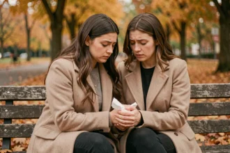 Deux amies assises sur un banc de parc en automne, l'une réconfortant l'autre avec tendresse lors d'un moment de condoléances sincères