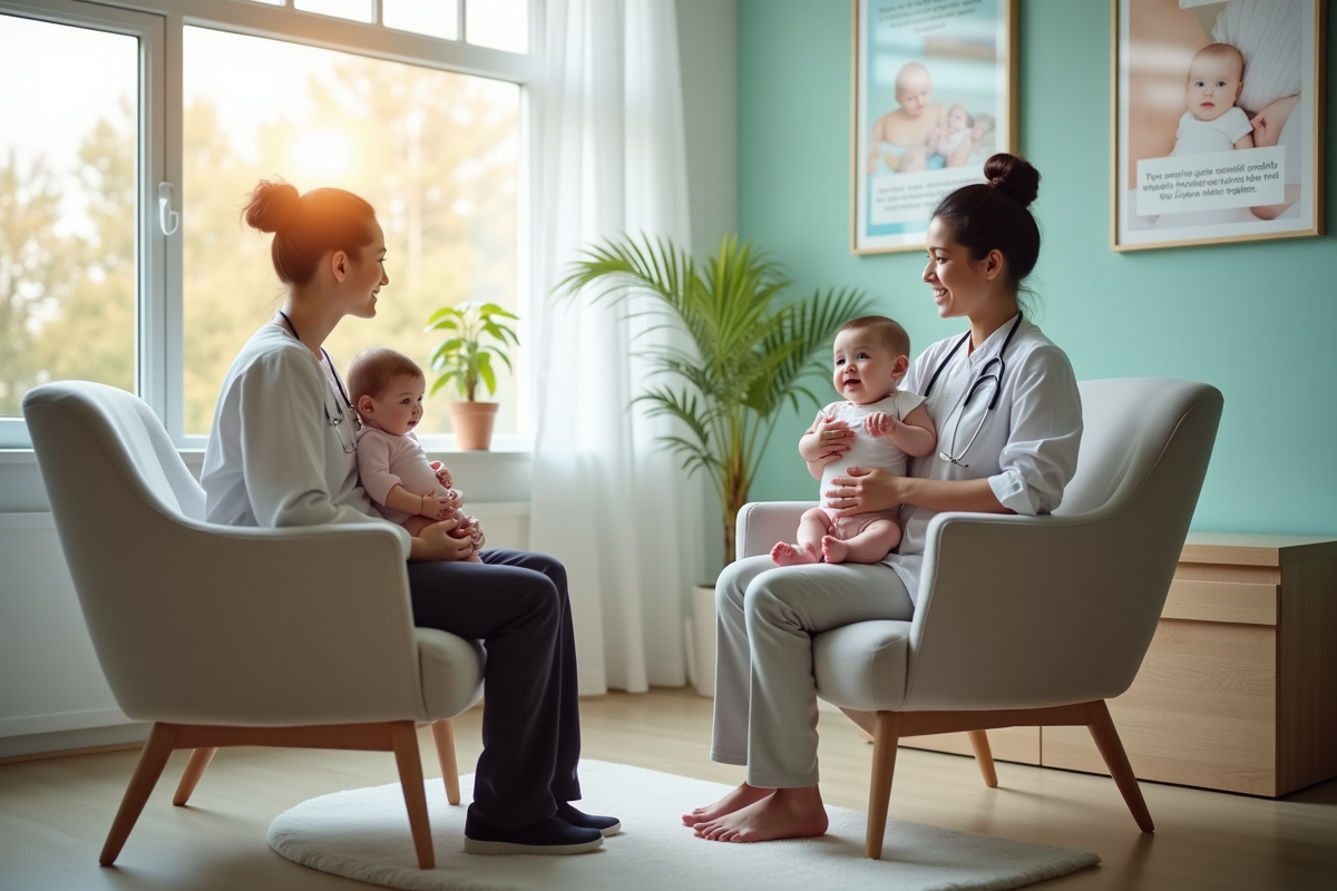 Maman en consultation avec une professionnelle de santé dans une clinique lumineuse