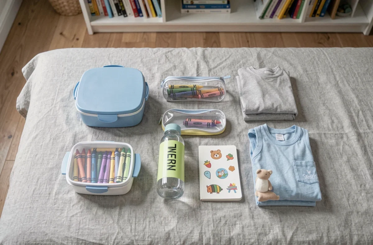 Contenu complet d'un sac à dos de maternelle étalé sur une surface avec fournitures et affaires personnelles